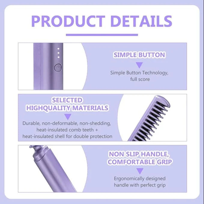 Portable Mini Hair Straightener Cordless Rechargeable Mini Adjustable Hair Straightener Hot Comb
